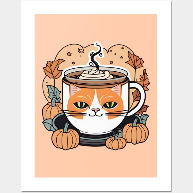 Autumn Pumpkin Latte in Cat Cup Wall Art by LisaHartjesx